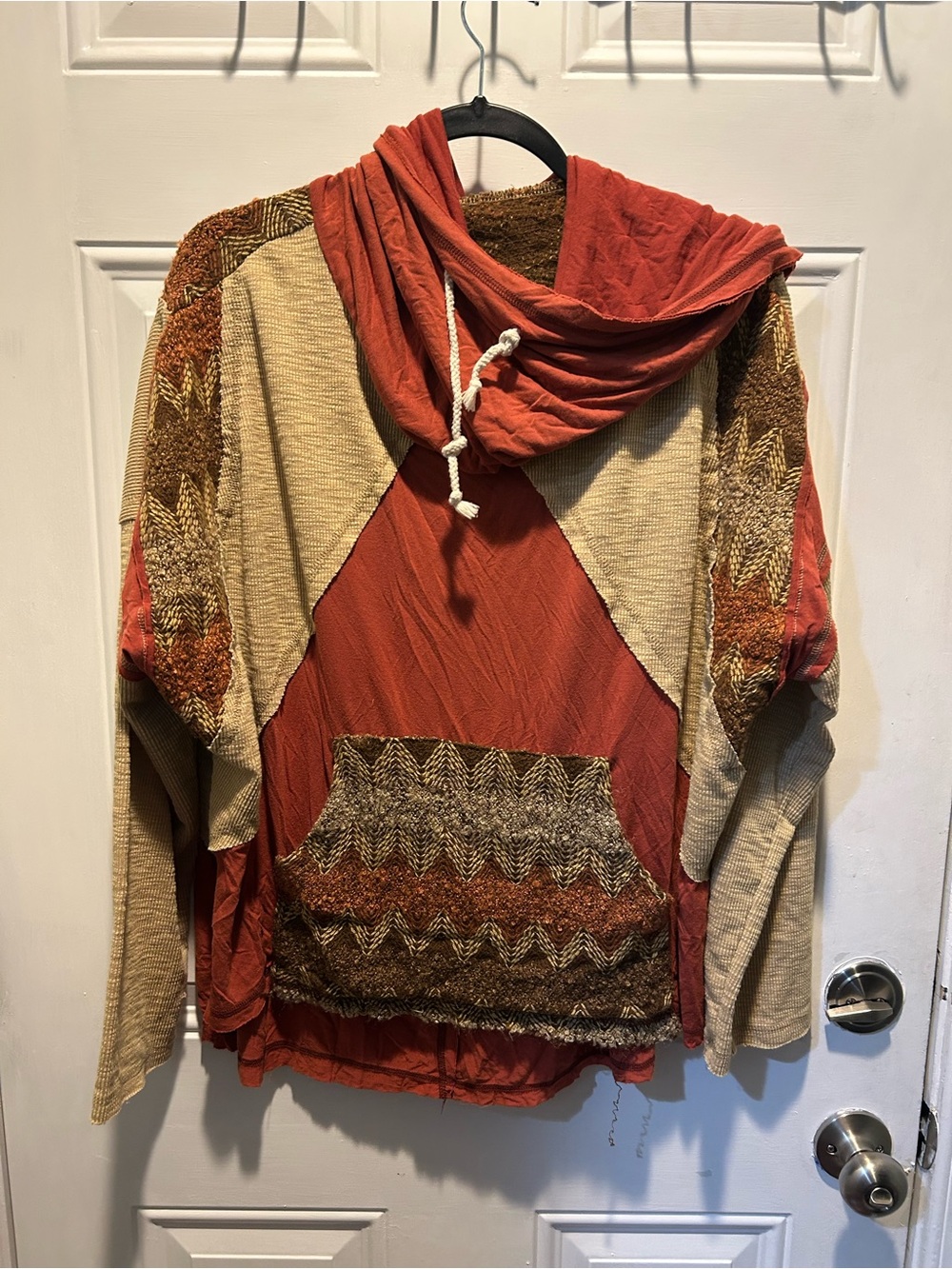 POL Hooded Patchwork Poncho in Rust and Tan
